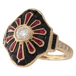 Art Deco Inspired Diamond, Ruby, and Onyx Semi-Mount Halo Ring