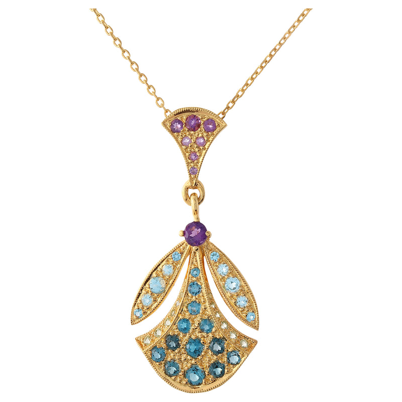 Art Nouveau Inspired Multi-Color Precious Stones Yellow Gold Pendant