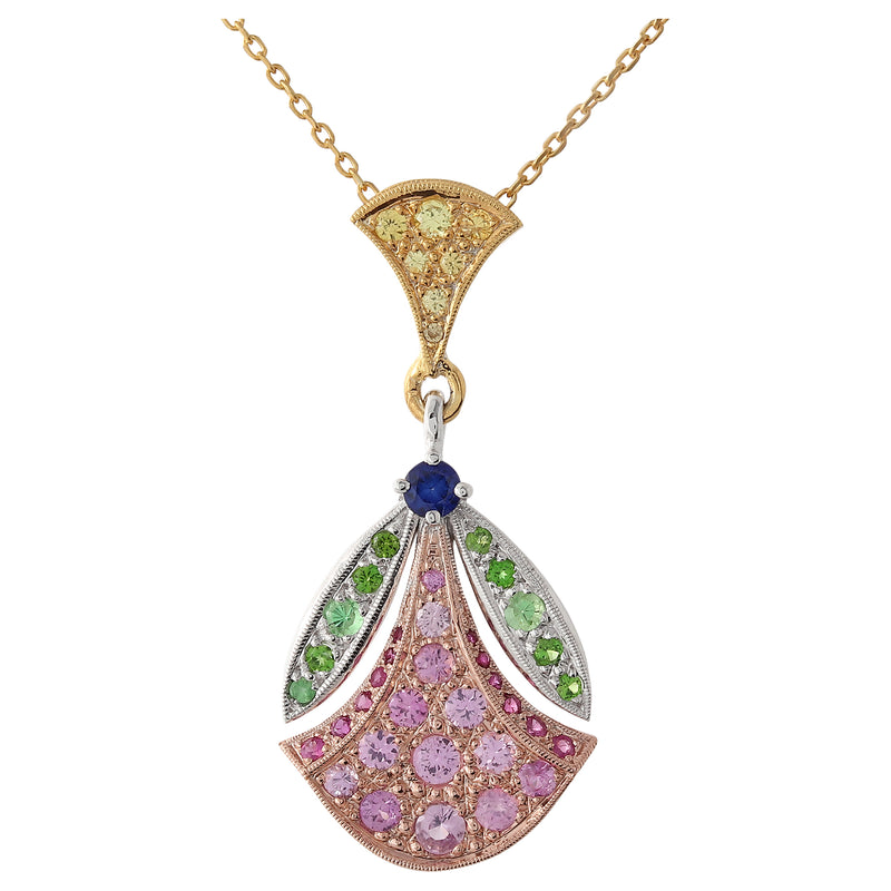 Art Nouveau Inspired Multi-Color Precious Stones Two Tone Gold Pendant