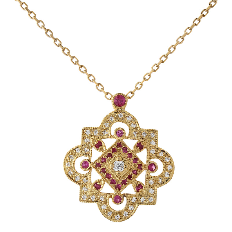 Diamond and Ruby Vintage Inspired Yellow Gold Pendant