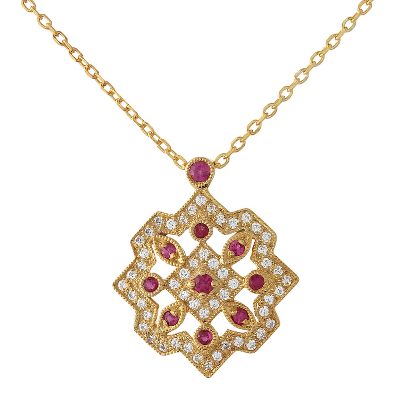 Diamond and Ruby Vintage Inspired Yellow Gold Pendant