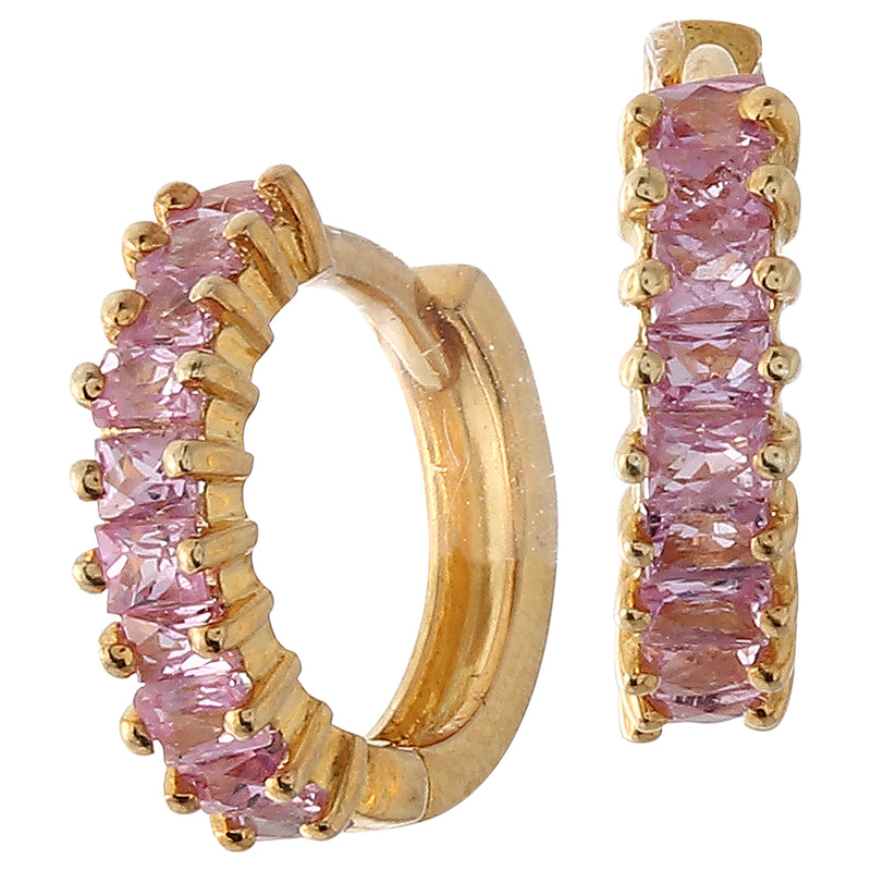 Pink Sapphire Baguette on Yellow Gold Hoop Earrings (20 Stone)