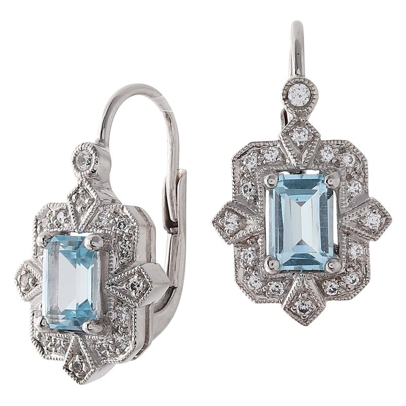 Art Deco Inspired Aquamarine and Diamond Leverback Earrings