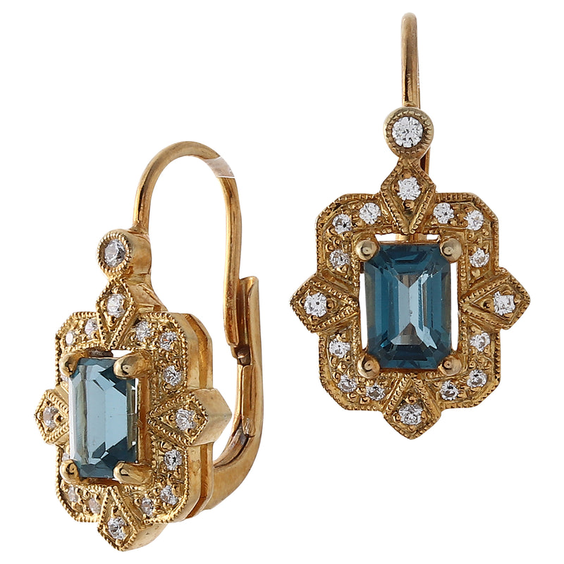 Art Deco Inspired London Blue Topaz and Diamond on Yellow Gold Leverback Earrings