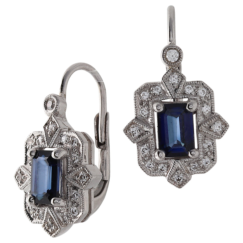 Art Deco Inspired Sapphire and Diamond Leverback Earrings