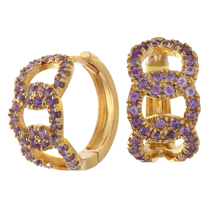 Triple Link Amethyst on Yellow Gold Hoop Earrings