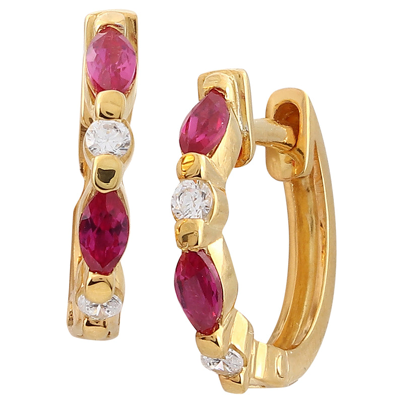 Ruby Marquise and Round Diamond on Yellow Gold Hoop Earrings