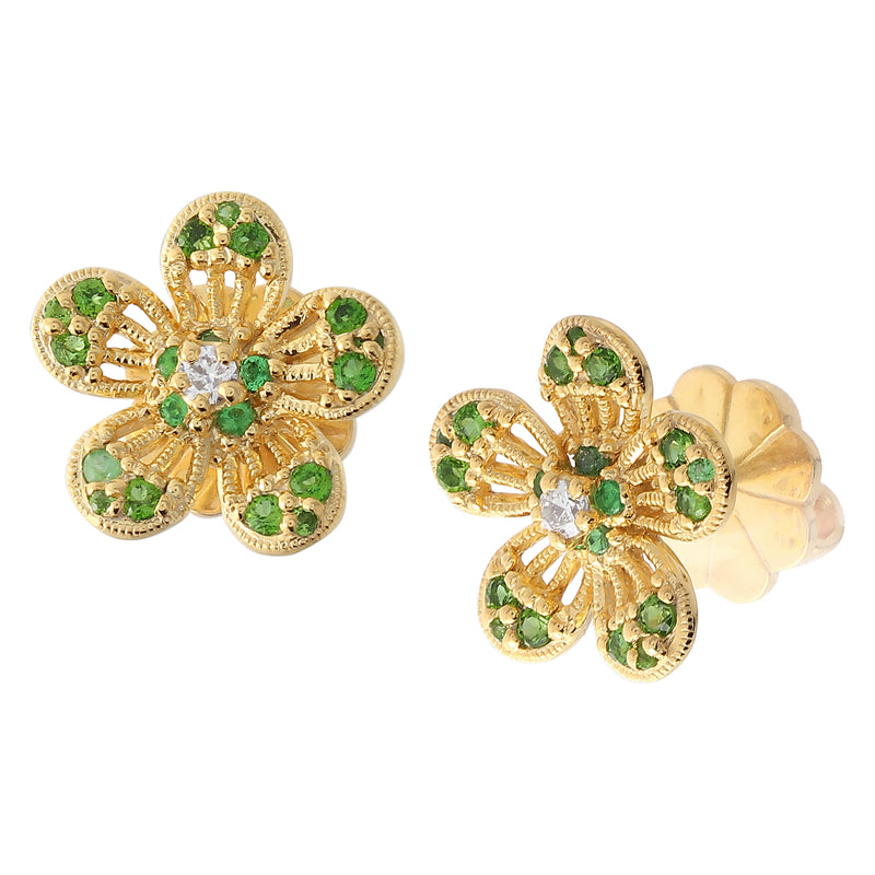 BK Promise Collection Yellow Gold Flower Earrings with White Diamonds and Tsavorite