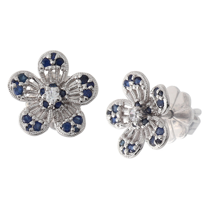 BK Promise Collection Gold Flower Earrings with White Diamonds and Sapphire