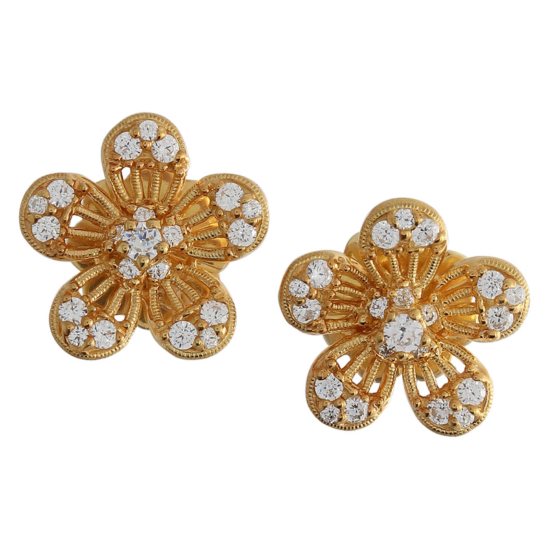 BK Promise Collection Yellow Gold Flower Earrings with White Diamonds