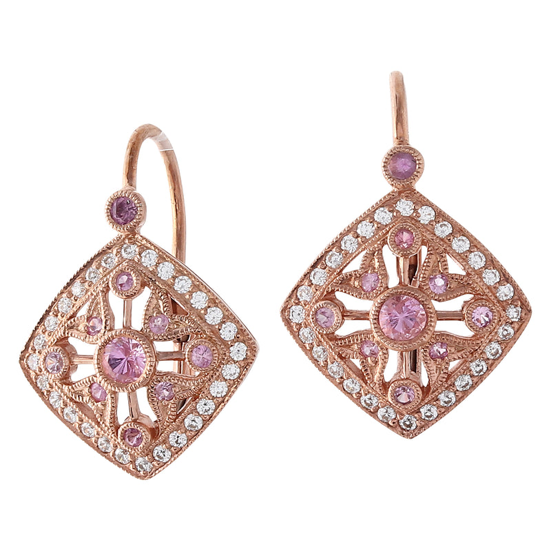 Pink Sapphire and Diamond on Rose Gold Leverback Earrings