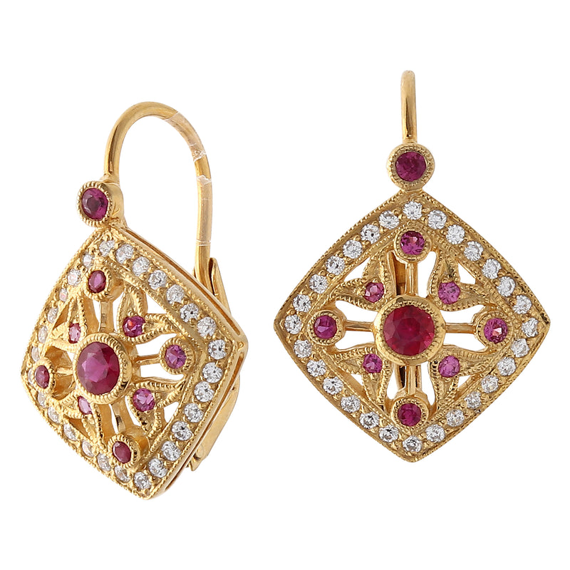 Ruby and Diamond on Yellow Gold Leverback Earrings