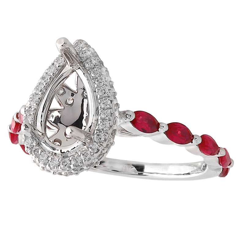 Pear Shaped Halo Diamond Mount Ring with Ruby Marquise side