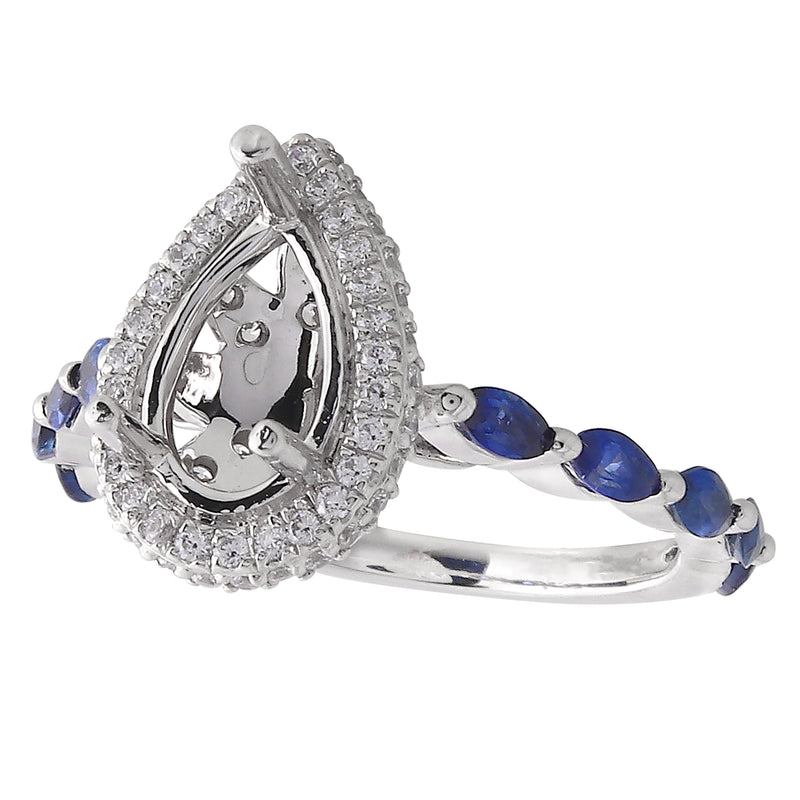 Pear Shaped Halo Diamond Mount Ring with Sapphire Marquise side