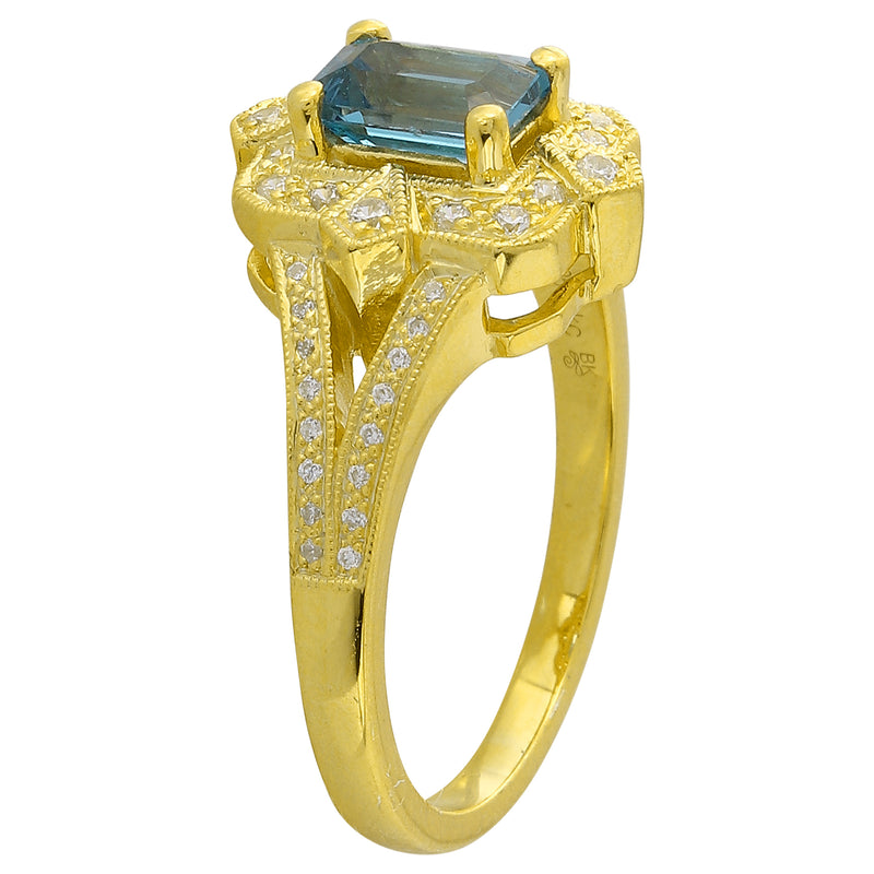 Art Deco Inspired Diamond and London Blue Topaz Mount Yellow Gold Ring