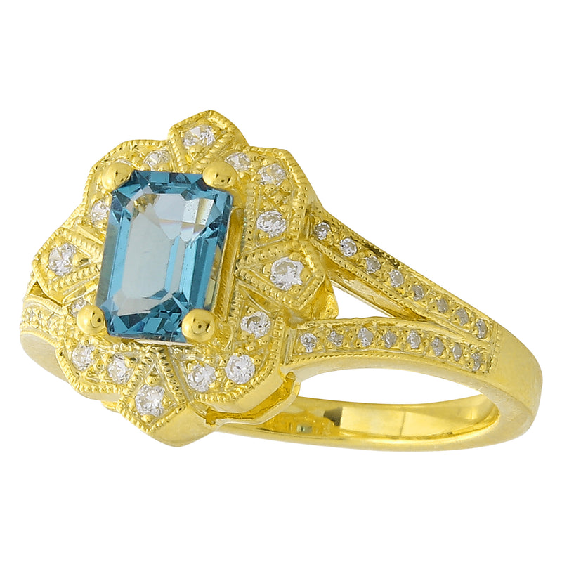 Art Deco Inspired Diamond and London Blue Topaz Mount Yellow Gold Ring